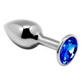 Серебристая анальная втулка с синим кристаллом Mini Metal Butt Plug Size M - 8 см.