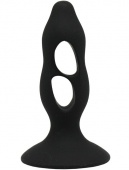 Чёрная анальная пробка с полостями для сжатия и легкого введения - 11 см.