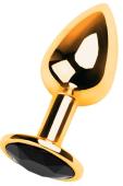 Золотая анальная мини пробка со стразом чёрного цвета ToyFa Metal