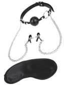 Чёрный кляп-шар Lux Fetish с зажимами для сосков