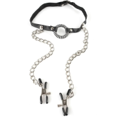 Кляп с зажимами для сосков Pipedream O-Ring Gag Nipple Clamps