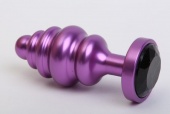 Фиолетовая ребристая анальная пробка с чёрным кристаллом - 7,3 см.