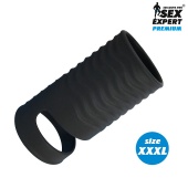 Открытая насадка на пенис с кольцом для мошонки XXXL-size 9,9 см черная