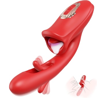 Красный вибратор с функциями фингеринга и лизания - 25,1 см.