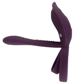 Фиолетовая насадка на член с клиторальным отростком и пультом ДУ RC Couple’s Vibrator 2