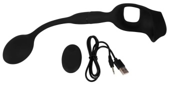 Черное виброкольцо с анальной пробкой Cock Ring with RC Butt Plug