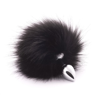 Серебристая анальная пробка с черным хвостиком из искусственного меха