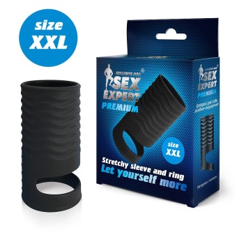 Открытая насадка на пенис с кольцом для мошонки XXL-size 9,4 см черная