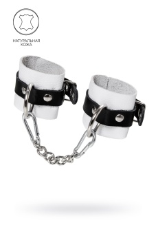 Бело-черные кожаные наручники с одним ремешком с люверсами
