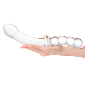 Стеклянный двусторонний фаллоимитатор Girthy Double Sided Dong With Anal Bead прозрачный