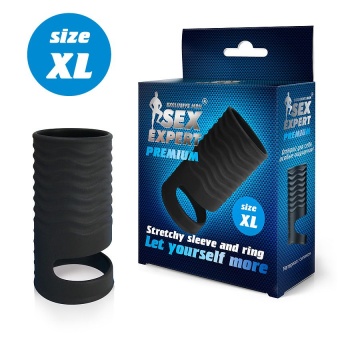 Открытая насадка на пенис с кольцом для мошонки XL-size 8,9 см черная