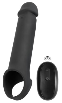 Черная вибронасадка для пениса с хомутом для мошонки и пультом ДУ Remote Controlled Penis Extension