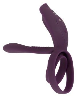 Фиолетовая насадка на член с клиторальным отростком и пультом ДУ RC Couple’s Vibrator 2