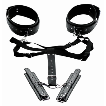 Черная бондажная система Acquire Easy Access Thigh Harness with Wrist Cuffs