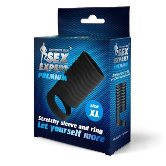Открытая насадка на пенис с кольцом для мошонки XL-size 8,9 см черная